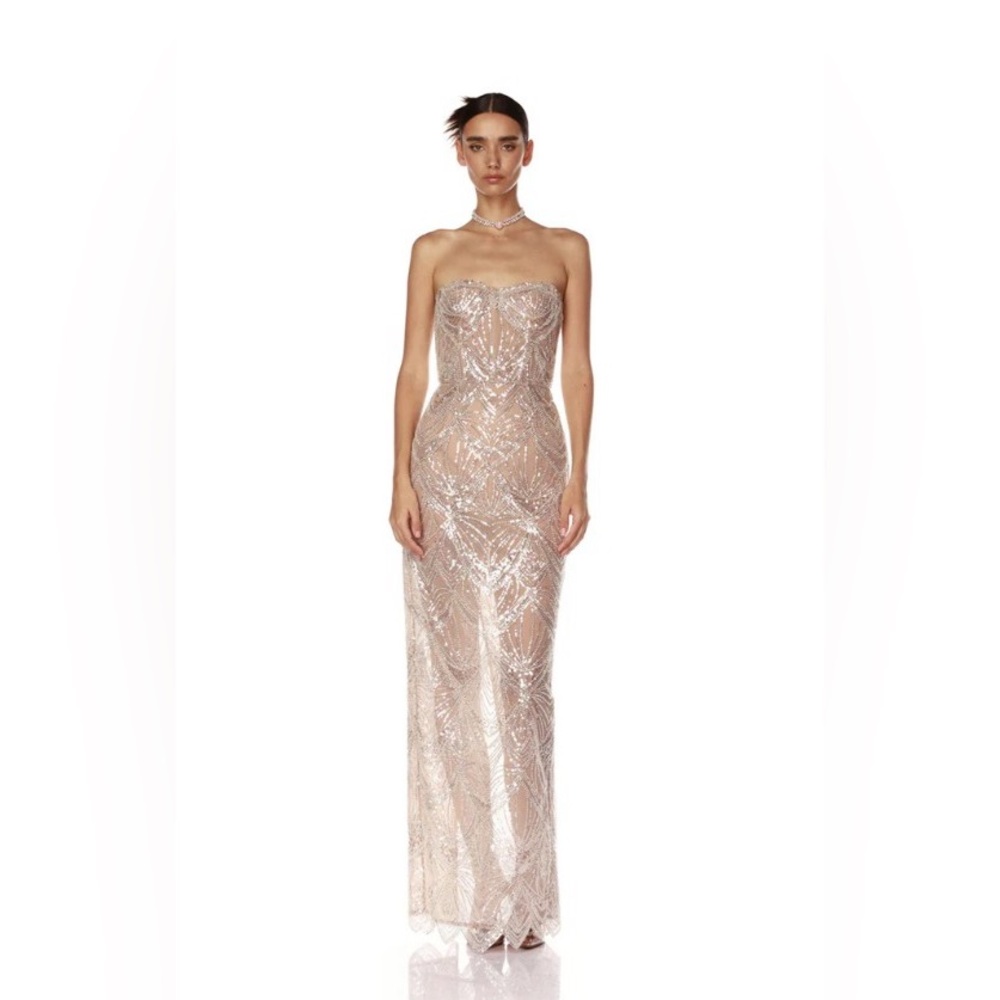 Bronx & Banco Giselle Blanc Strapless Hand Embellished Gown S NWOT